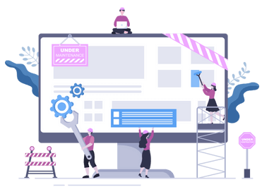 Graphic depicting a website under maintenance with characters performing various tasks like cleaning and adjusting settings on a large computer screen.