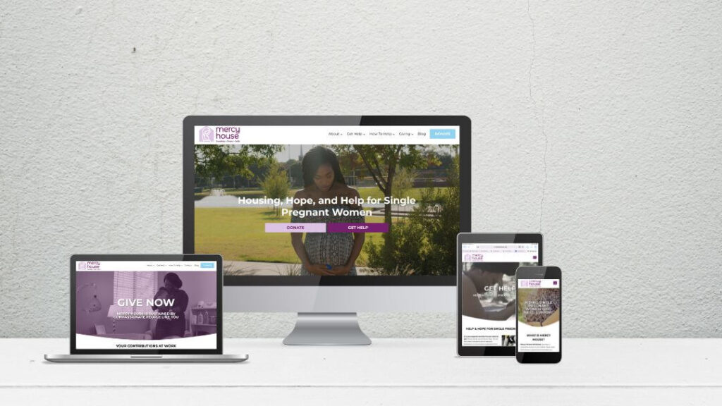 Multiple devices displaying the Mercy House website, which offers housing and support for single pregnant women.